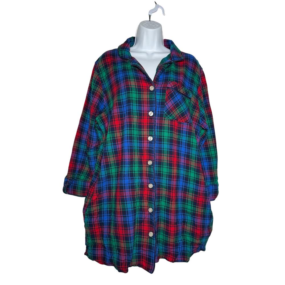 Lands End Womens Long Sleeve Flannel Pajama Gown Plaid Size XL Red Blue Green